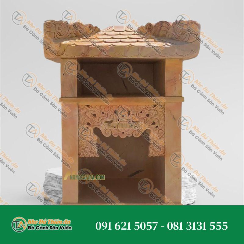 Bàn thờ thần tài/ông địa bằng đá vàng cà rốt 2 ngăn, 1 mái chạm khắc