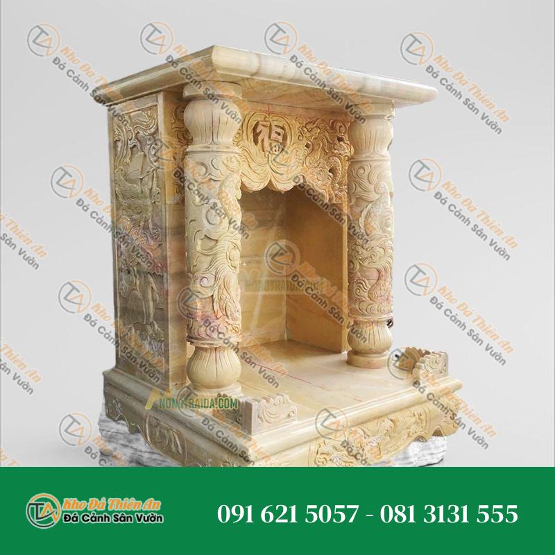 Bàn thờ thần tài/ông địa bằng đá vàng cà rốt chạm khắc, không mái cao 66cm