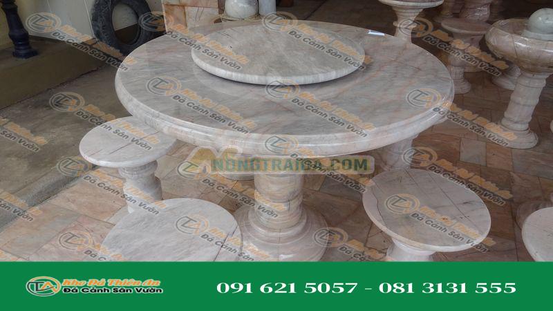Bàn đá tròn, kích thước 120cm, 6 ghế, bàn cao 80cm, có đĩa xoay 70cm