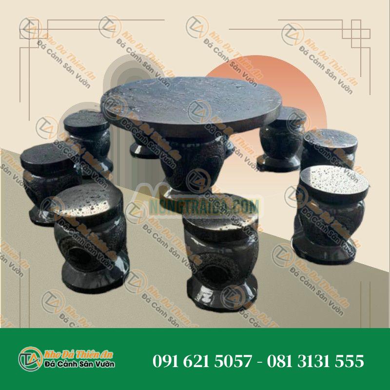 Bàn ghế đá bazan tiện tròn 6 ghế nghệ thuật
