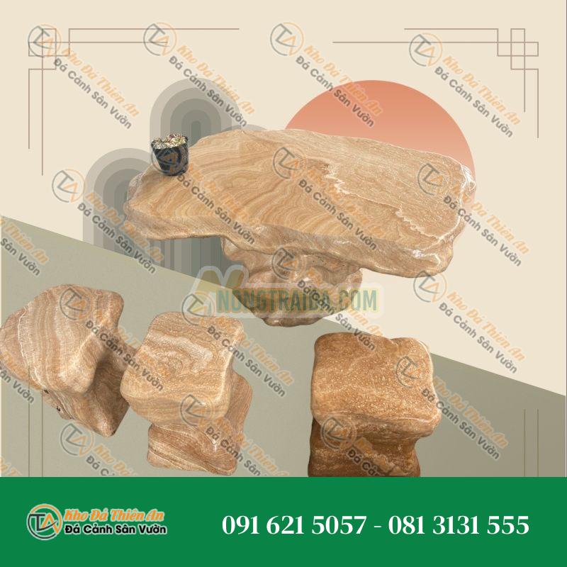 Bàn ghế đá cẩm thạch vân gỗ 2 thớt