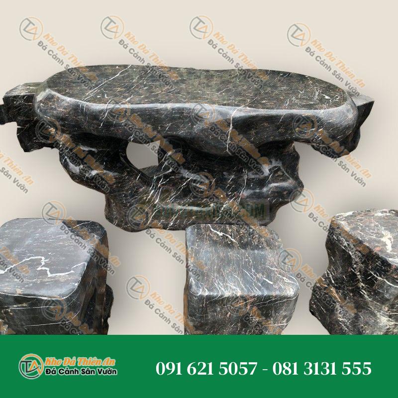 Bàn ghế đá đen giá rẻ 6 ghế, kích thước 120x68x60cm