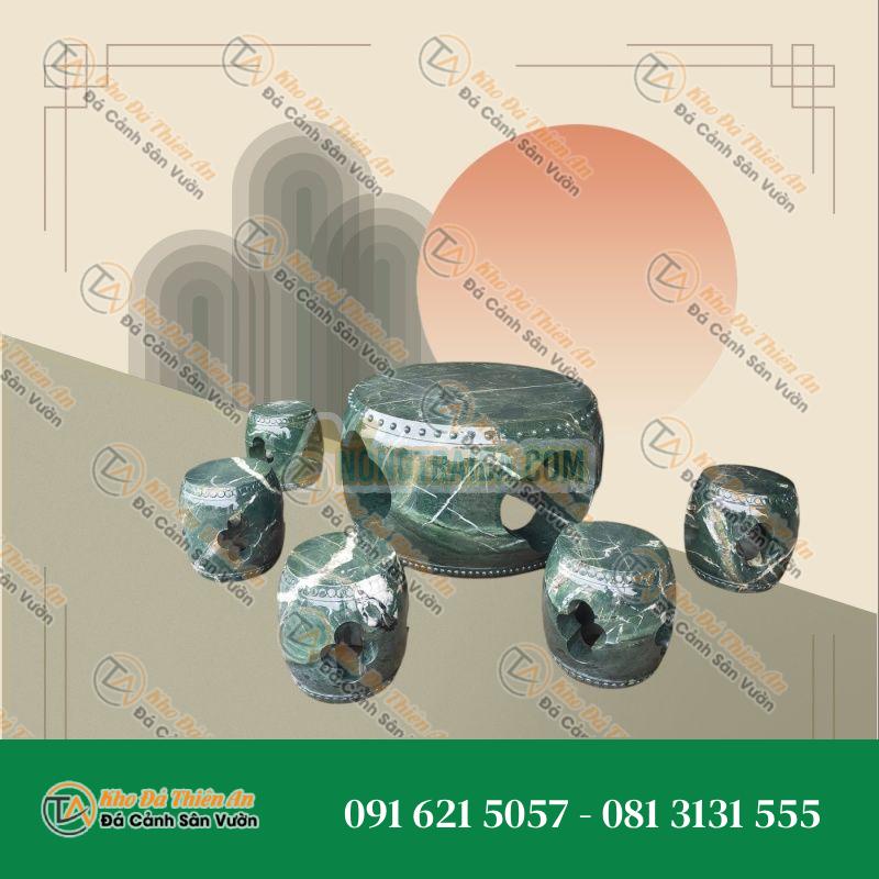 Bàn ghế đá mỹ nghệ hình trống, đá xanh cốm