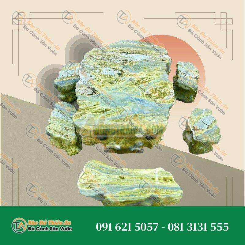 Bàn ghế đá ngọc Secpentine khắc mỹ nghệ