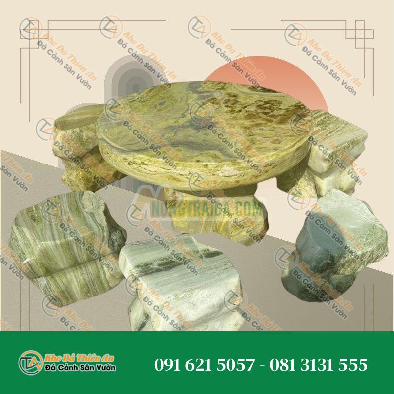 Bàn ghế đá ngọc secpentine mặt tròn, đôn ghế tự nhiên