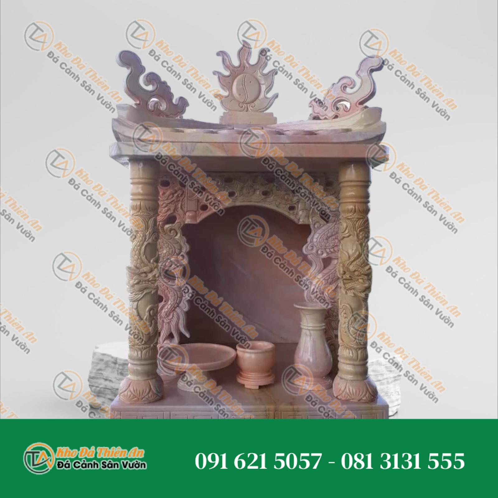 Bàn Thờ Ông Địa Thần Tài Đá Hồng Khắc Tinh Xảo 1 Mái