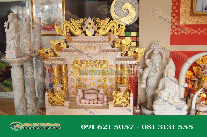 Bàn thờ ông địa, thần tài từ đá cẩm thạch (đèn cầy đèn tròn, đèn đèn tỏa, mô hình 127cm, 888, đá hồng, phun vàng)