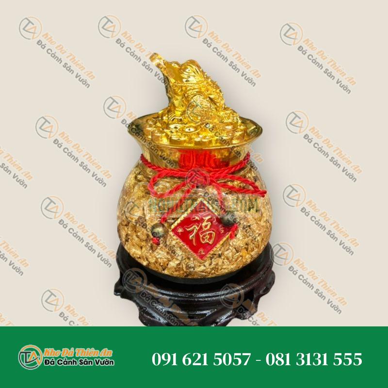 Bát tụ bảo lá vàng phong thủy có đính kèm thiềm thừ chiêu tài, lộc
