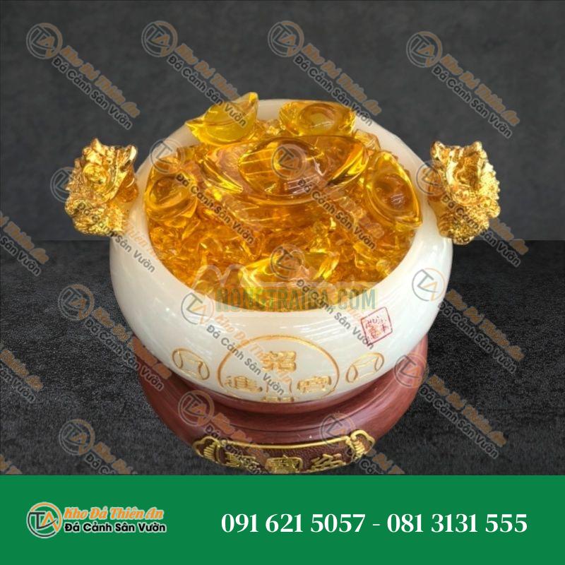 Bát vàng, Bát Tụ Bảo, Bát tụ tài phong thủy đá bạch ngọc trang trí bàn thờ thần tài, nhà cửa – Cao 14cm