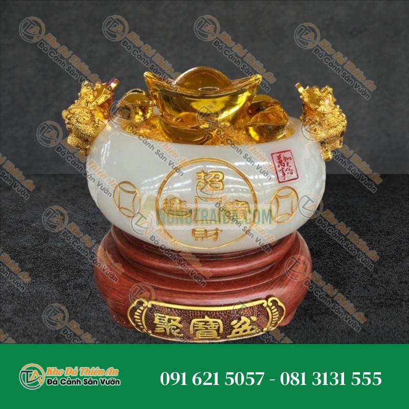 Bát vàng, Bát Tụ Bảo, Bát tụ tài phong thủy đá bạch ngọc trang trí bàn thờ thần tài, nhà cửa – Cao 16cm