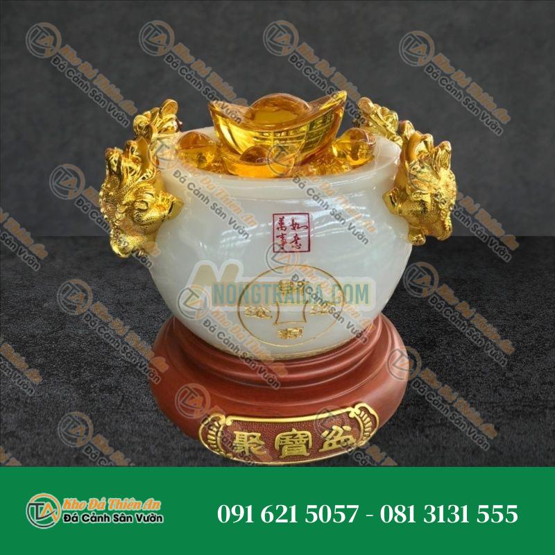Bát vàng, Bát Tụ Tài, Bát Tụ Bảo đá bạch ngọc Hút Tài, Hút Lộc, Chiêu tài nạp lộc trang trí bàn thờ thần tài – Cao 24cm