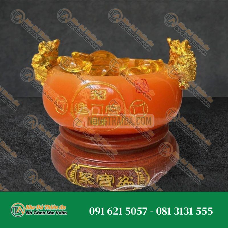 Bát vàng, Bát Tụ Tài, Bát Tụ Bảo đá mã não đỏ Hút Tài, Hút Lộc, Chiêu tài nạp lộc trang trí bàn thờ ông thần tài thổ địa – Cao 14cm