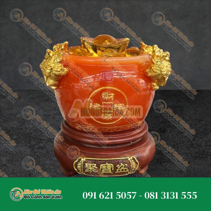 Bát vàng, Bát Tụ Tài, Bát Tụ Bảo đá mã não đỏ Hút Tài, Hút Lộc, Chiêu tài nạp lộc trang trí bàn thờ ông thần tài thổ địa – Cao 15cm