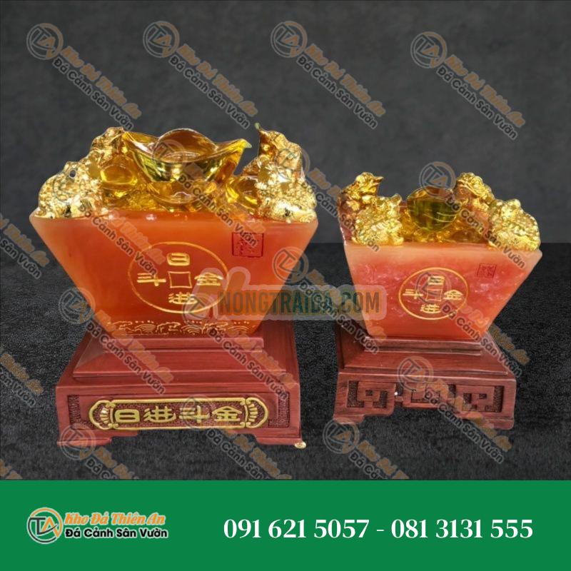 Bát vàng, Bát Tụ Tài, Bát Tụ Bảo đá mã não đỏ trang trí bàn thờ thần tài – Cao 18cm