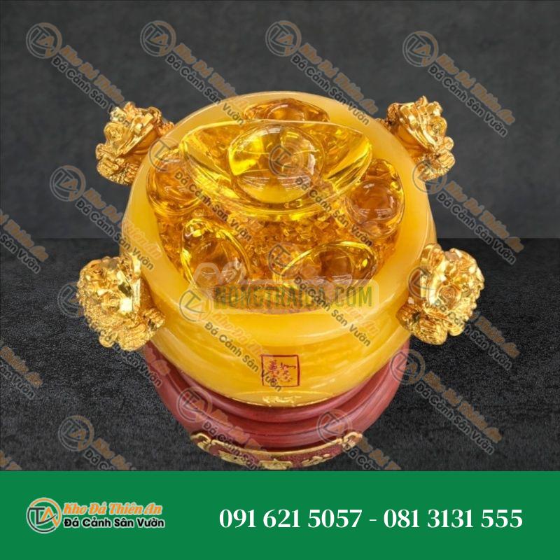 Bát vàng, Bát Tụ Tài, Bát Tụ Bảo đá ngọc cẩm thạch vàng Hút Tài, Hút Lộc, Chiêu tài nạp lộc trang trí bàn thờ ông thần tài thổ địa – Cao 18cm