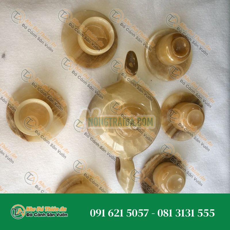 Bộ ấm chén đá quý cao cấp cẩm thạch vân gỗ thiên nhiên đã lên Nu ngọc 14 món