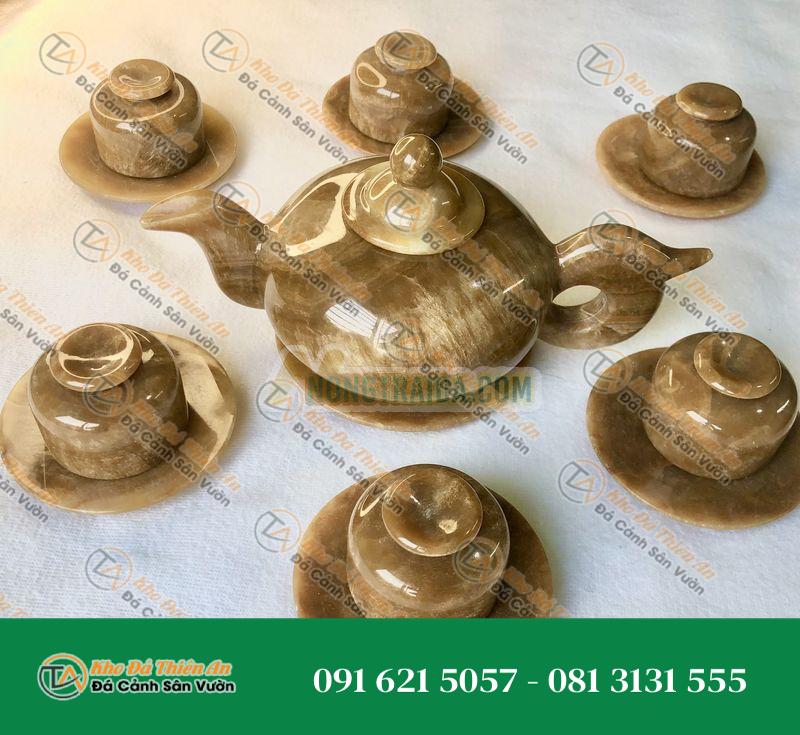 Bộ ấm chén đá quý cao cấp cẩm thạch vân gỗ tự nhiên 14 món