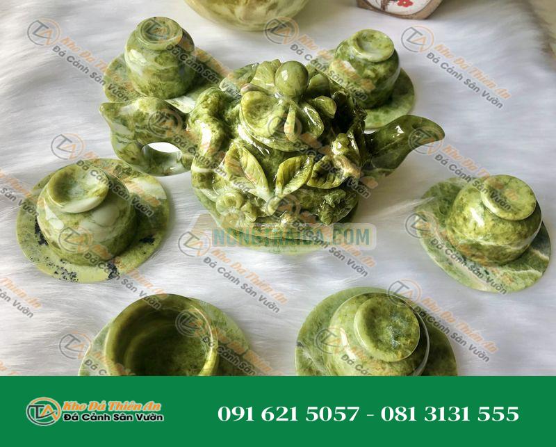 Bộ ấm chén đá quý cao cấp ngọc Secpentine chạm trổ 14 món