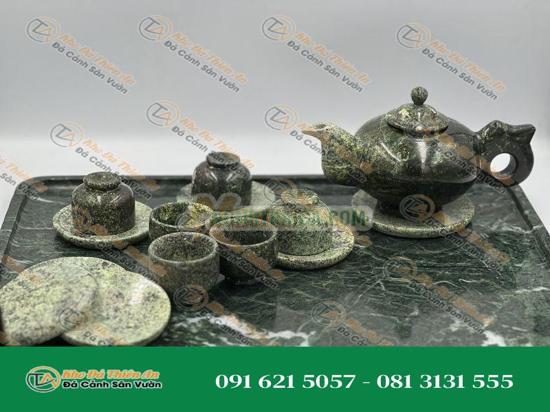 Bộ ấm chén đá quý cao cấp ngọc secpentine tự nhiên đậm VIP 14 món, gồm khay