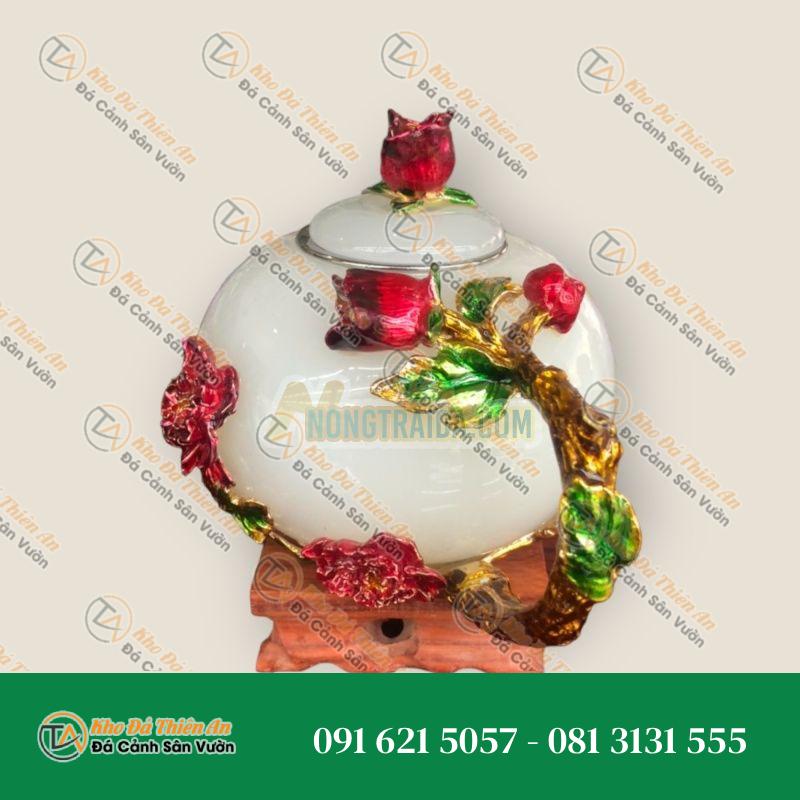 Bộ ấm trà chạm bông hoa mẫu đơn đá bạch ngọc