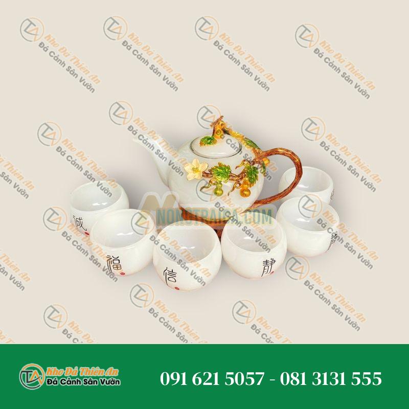 Bộ ấm trà chạm cây bầu với ly chạm chữ đá bạch ngọc