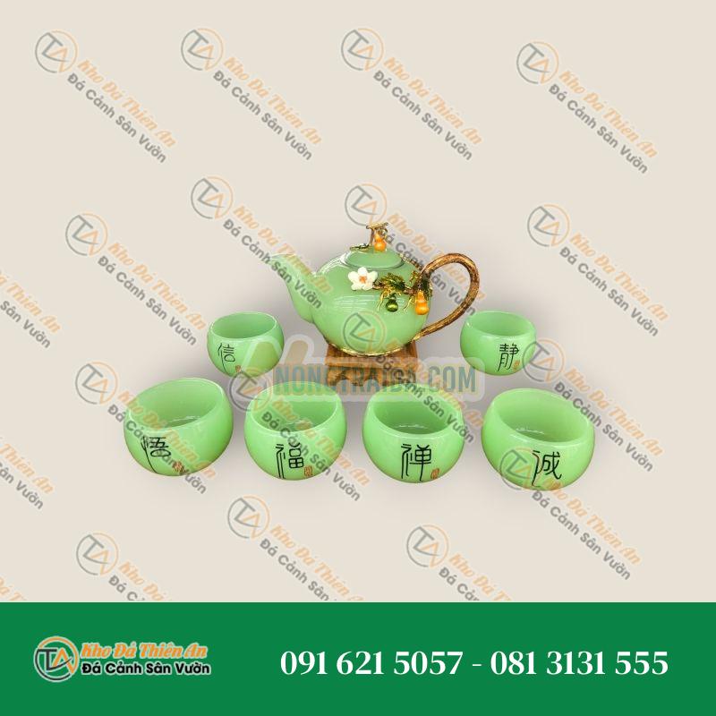 Bộ ấm trà chạm cây bầu với ly chạm chữ đá ngọc cẩm thạch xanh
