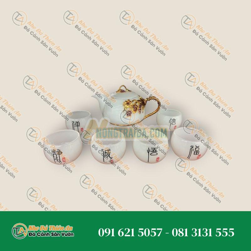 Bộ ấm trà chạm cây nho tím với ly chạm chữ đá bạch ngọc
