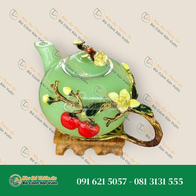 Bộ ấm trà chạm cây táo đơn với ly chạm chữ đá ngọc cẩm thạch xanh