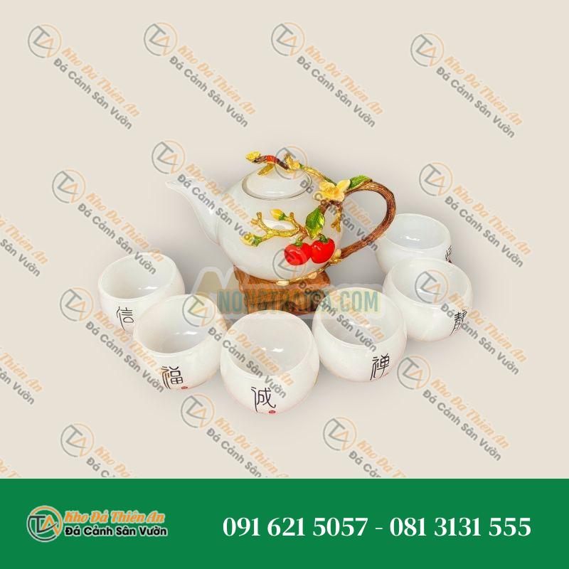 Bộ ấm trà chạm cây táo với ly chạm chữ đá bạch ngọc