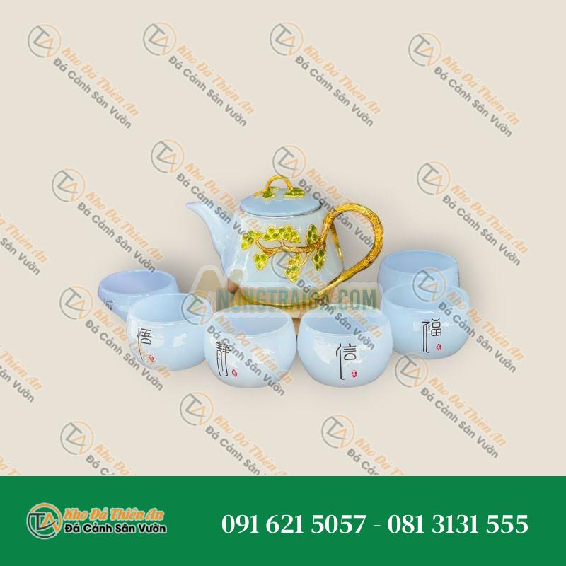 Bộ ấm trà chạm cây tùng la hán đá bạch ngọc