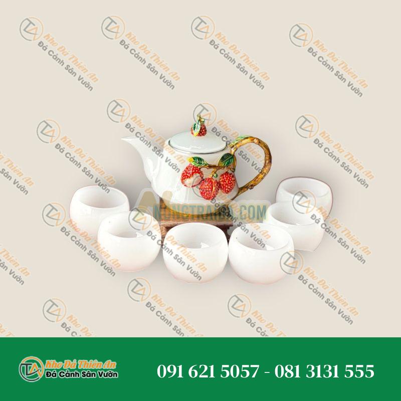 Bộ ấm trà chạm cây vải đá bạch ngọc