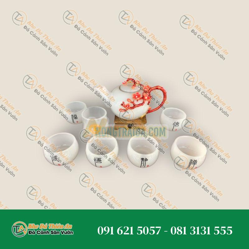Bộ ấm trà chạm hoa đào đá bạch ngọc