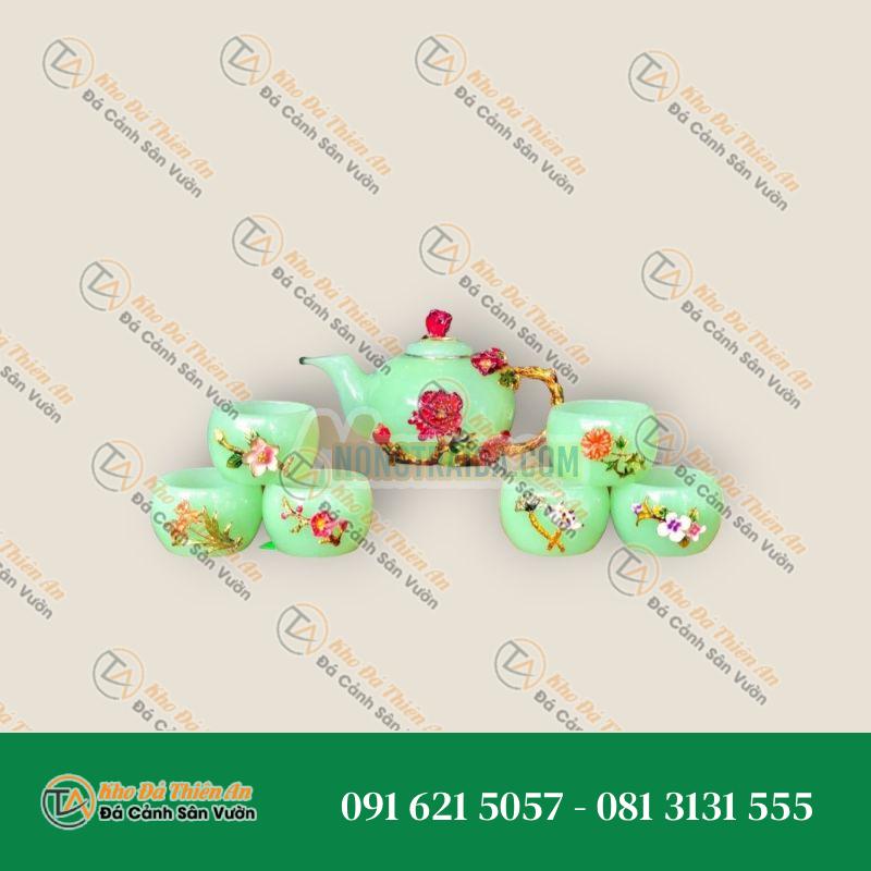 Bộ ấm trà chạm hoa hồng đá ngọc cẩm thạch xanh