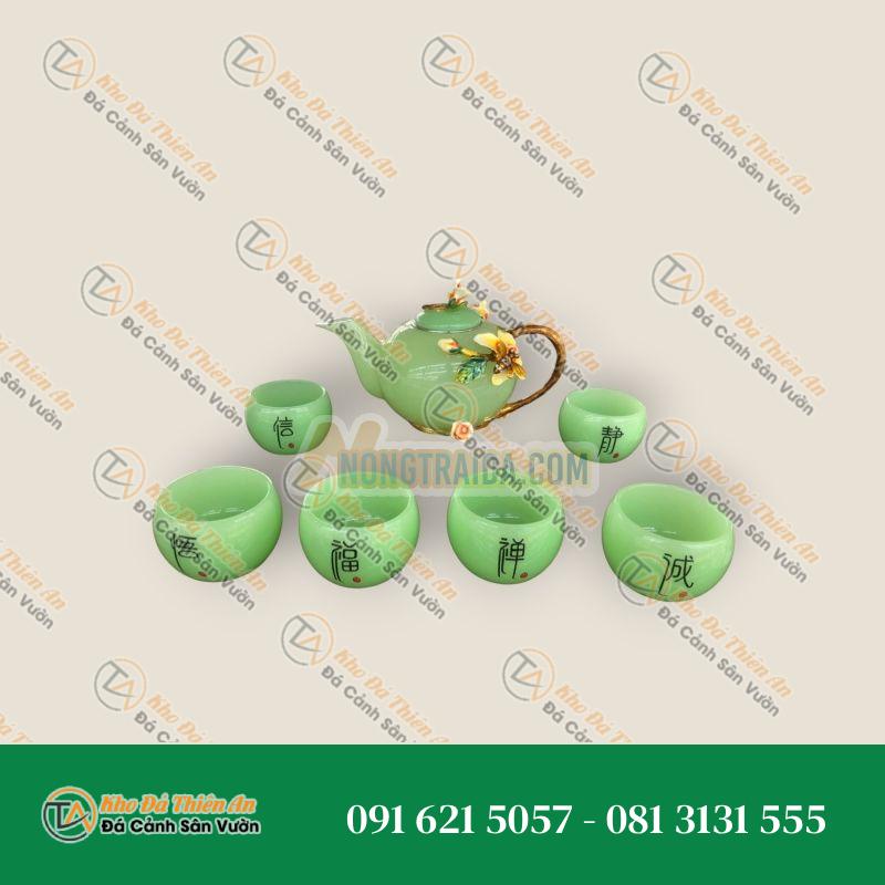 Bộ ấm trà chạm hoa hồng đá ngọc cẩm thạch xanh