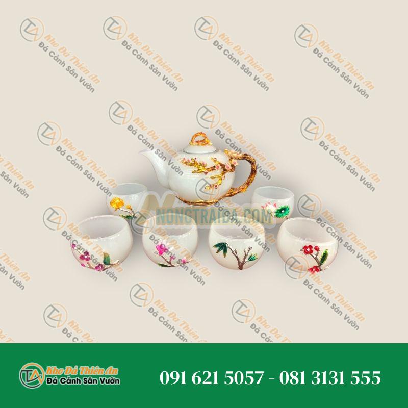 Bộ ấm trà chạm hoa mai đá bạch ngọc
