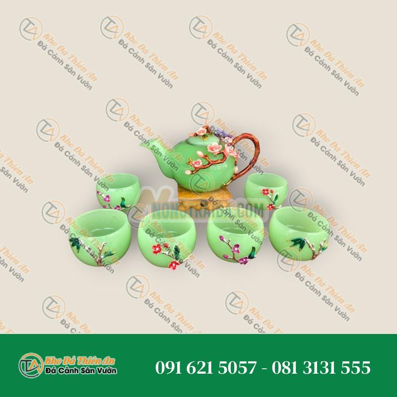 Bộ ấm trà chạm hoa mai đá ngọc cẩm thạch xanh