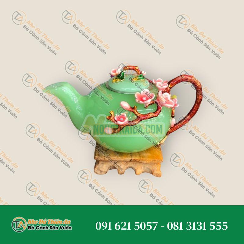 Bộ ấm trà chạm hoa mai với ly chạm chữ đá ngọc cẩm thạch xanh