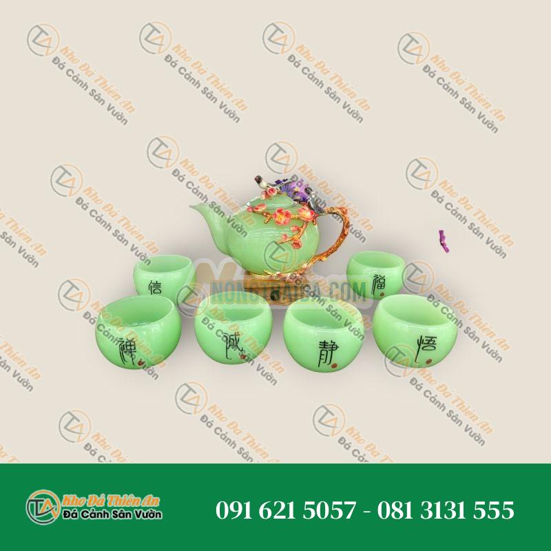 Bộ ấm trà chạm hoa mai và chim với ly chạm chữ đá ngọc cẩm thạch xanh