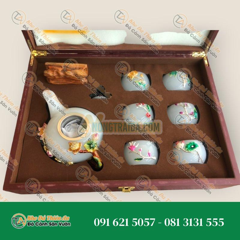 Bộ ấm trà chạm hoa sen đá bạch ngọc