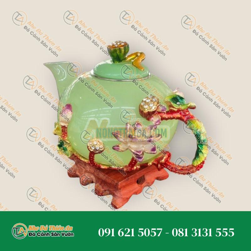Bộ ấm trà chạm hoa sen đá ngọc cẩm thạch xanh