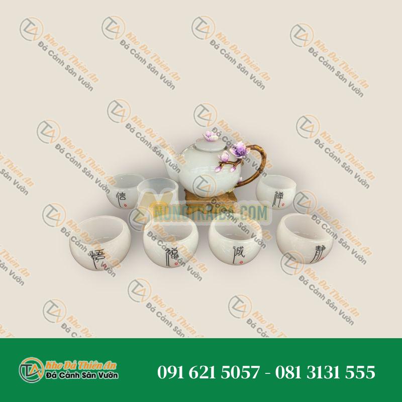 Bộ ấm trà chạm hoa sứ tím đá bạch ngọc