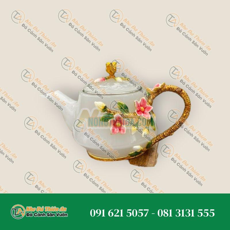 Bộ ấm trà chạm khắc hoa và chim đá bạch ngọc