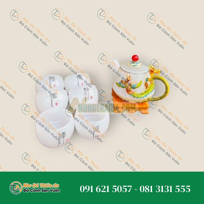 Bộ ấm trà chạm rồng đá bạch ngọc