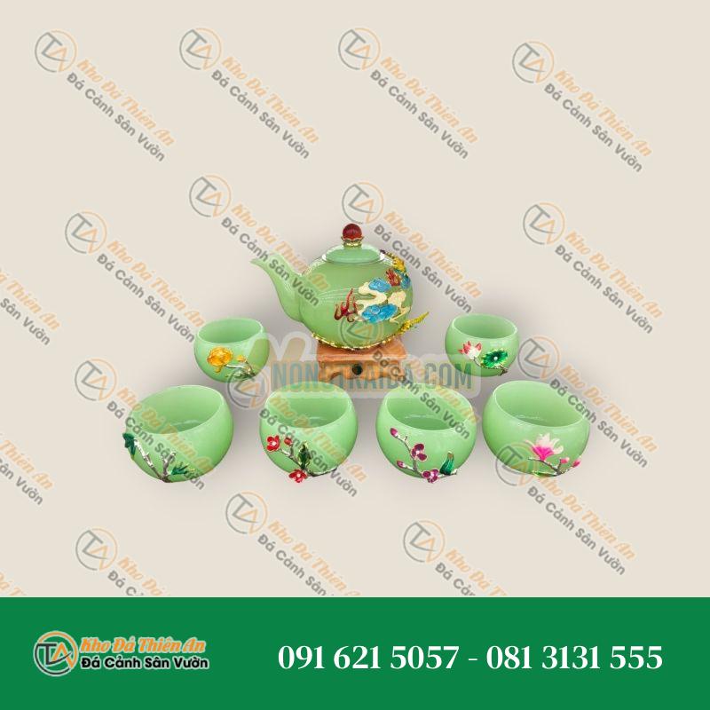 Bộ ấm trà chạm rồng đá ngọc cẩm thạch xanh