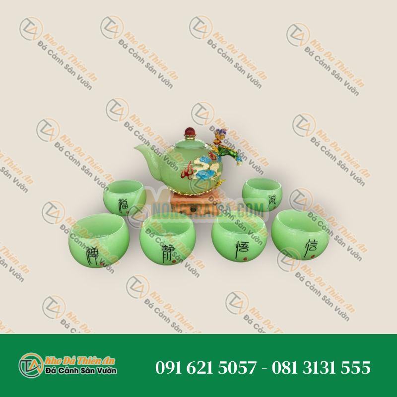 Bộ ấm trà chạm rồng với ly chạm chữ đá ngọc cẩm thạch xanh