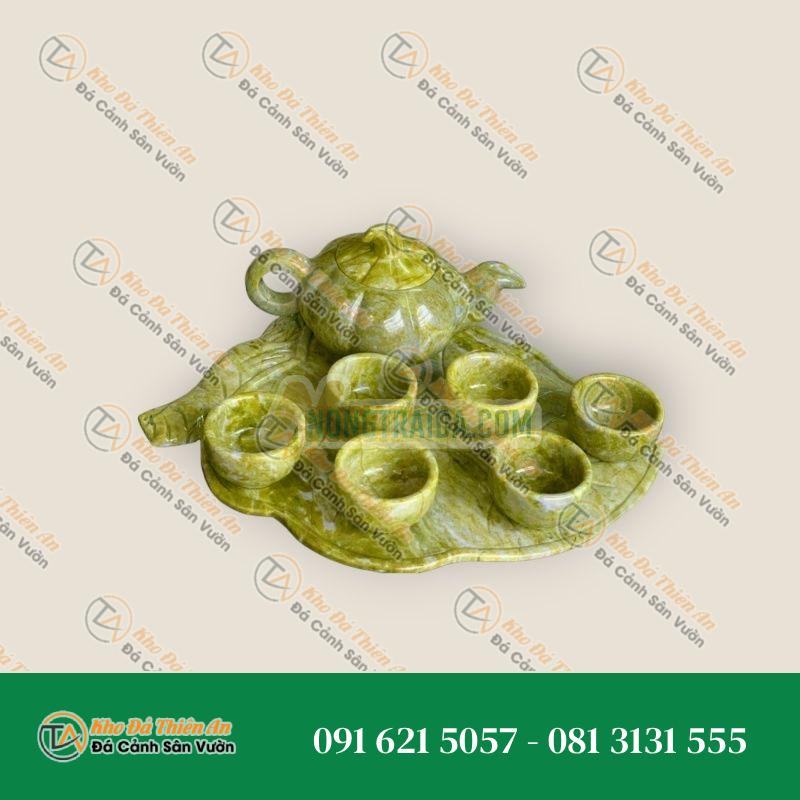 Bộ ấm trà hình lá bí đá ngọc serpentine
