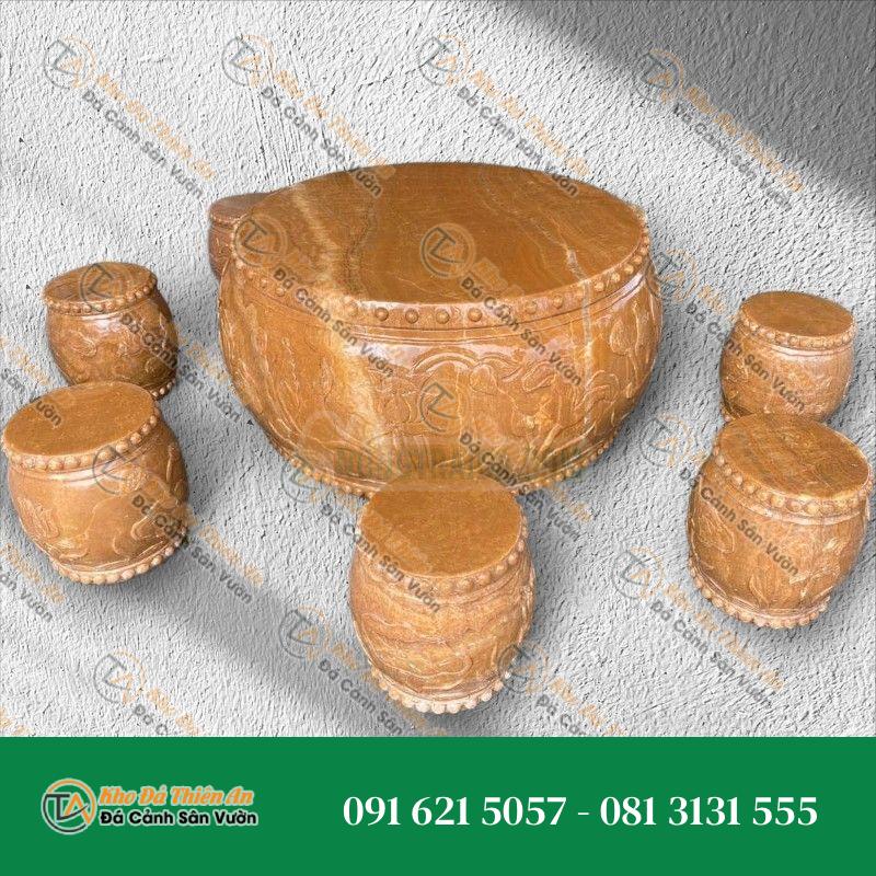Bộ bàn đá tròn hình trống đá vân gỗ 8 ghế