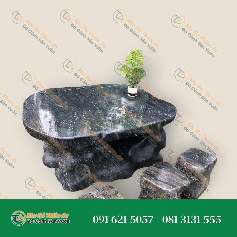 Bộ bàn ghế đá đen nguyên khối 145x128x68cm