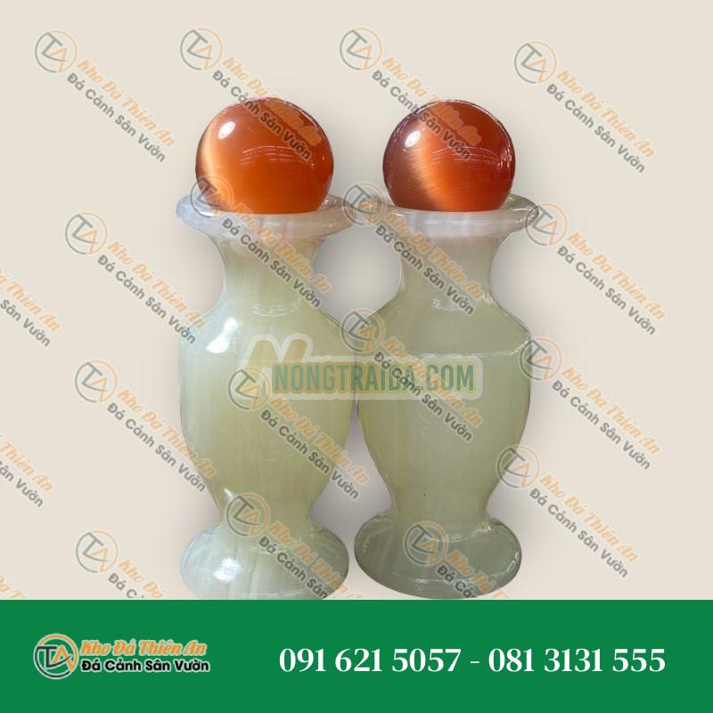 Bộ combo cặp Lục Bình Lọ Hoa đá ngọc onyx kết hợp quả cầu đá mắt mèo đỏ phong thủy