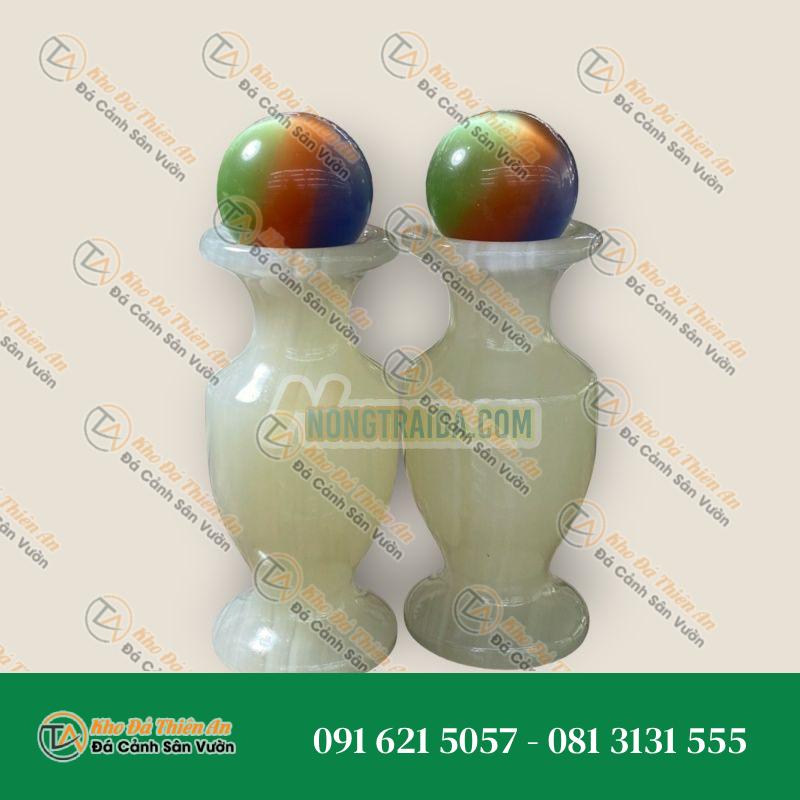 Bộ combo cặp Lục Bình Lọ Hoa đá ngọc onyx kết hợp quả cầu đá mắt mèo ngũ sắc phong thủy